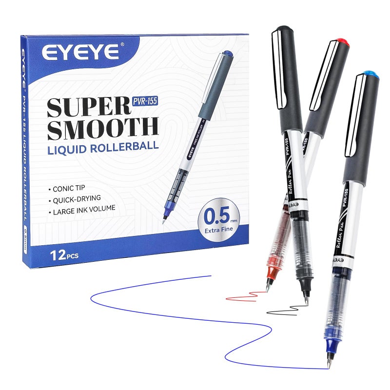 EYEYE أقلام EYEYE 0.5 مم سوداء 12 عبوة، قلم رولر بال نقطة دقيقة جداً جاف سريع، أقلام حبر سائل نقطة دقيقة كتابة سلسة للتدوين، أخذ الملاحظات، المستلزمات المكتبية، المدرسة - Image 1